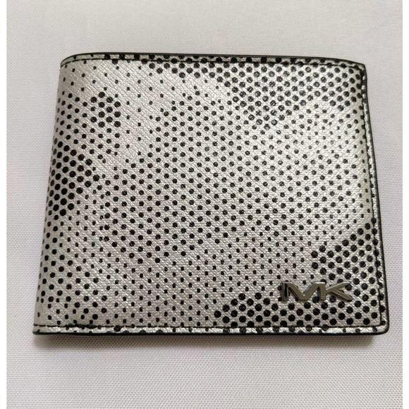 Mens Michael Kors Silver & Black Metallic Spotted Camo Wallet Bifold faux snake